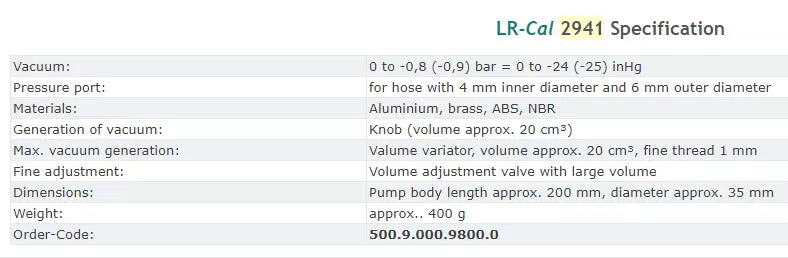 LR-Cal 2941 Pneumatic Vacuum Hand Pump -0.8 Bar to -24 inHg