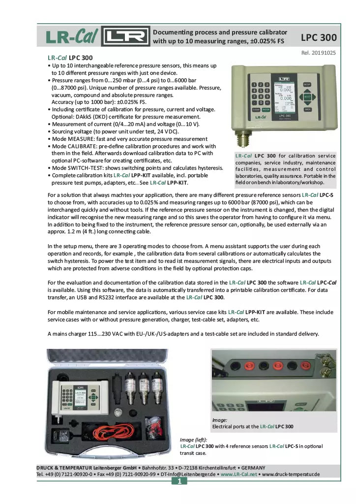 LR-Cal LPC 300 Documenting Process Calibrator with Absolute Pressure Sensor
