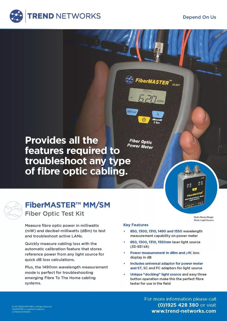 Trend Networks FIBERMASTER Series Fibre Data Cable Tester - Measures in mW and dBm