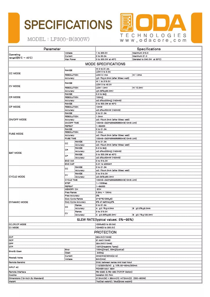 ODA LF 300-B Programmable DC Electronic Load - 300W, 300V, 20A