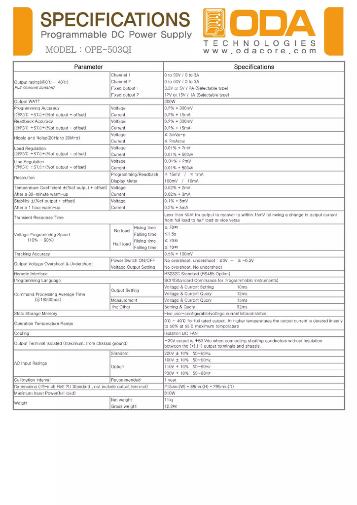 ODA OPE-503QI Linear Programmable DC Power Supply - 50V, 3A, 300W, 2 Channel
