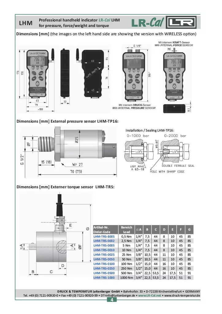 LR-Cal LHM VA Pressure & Torque Meter with Pressure/Vacuum Sensor ±0.05%