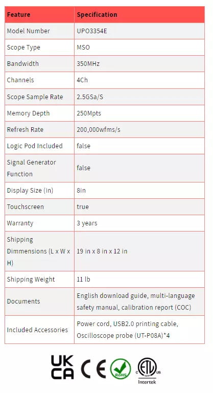 UPO3354E 350MHz 4-Channel Mixed Signal Oscilloscope (Without Logic Pod)
