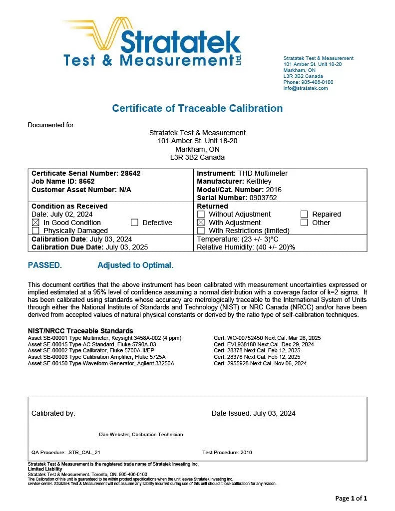 Keithley 2016 6.5 Digit THD Multimeter - NIST Traceable & Calibrated