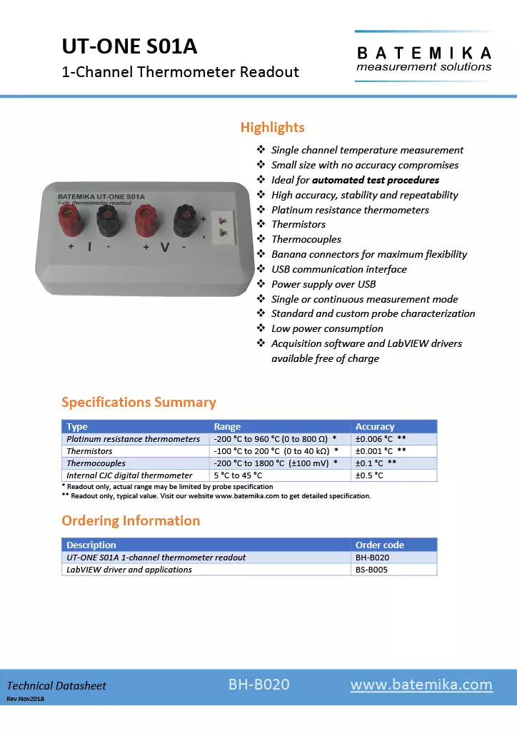 Batemika UT-ONE SO1A 1-Channel Thermometer Readout for PRT Thermocouples and Thermistors