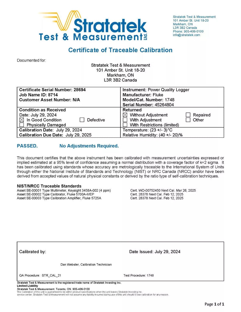 Fluke 1748 3-Phase Power Quality Logger with 1500A Probes - NIST Calibrated