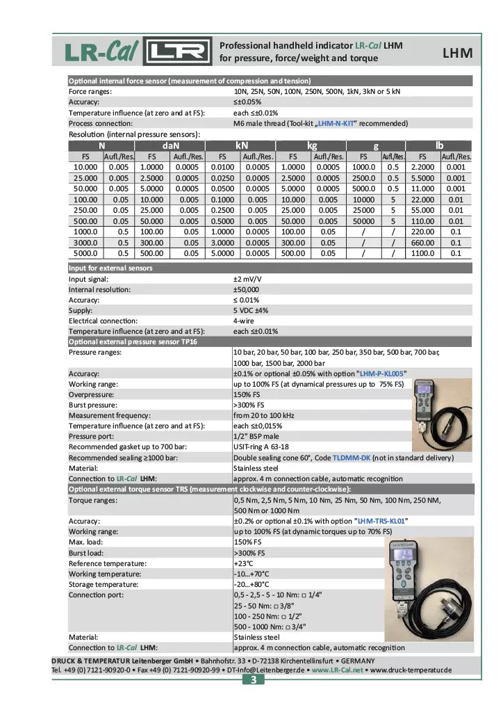 LR-Cal LHM VA Pressure & Torque Meter with Pressure/Vacuum Sensor ±0.05%