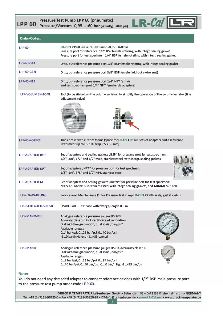 LR-Cal LPP 60 Pneumatic Pressure Calibration Hand Pump - 870 PSI / 60 Bar