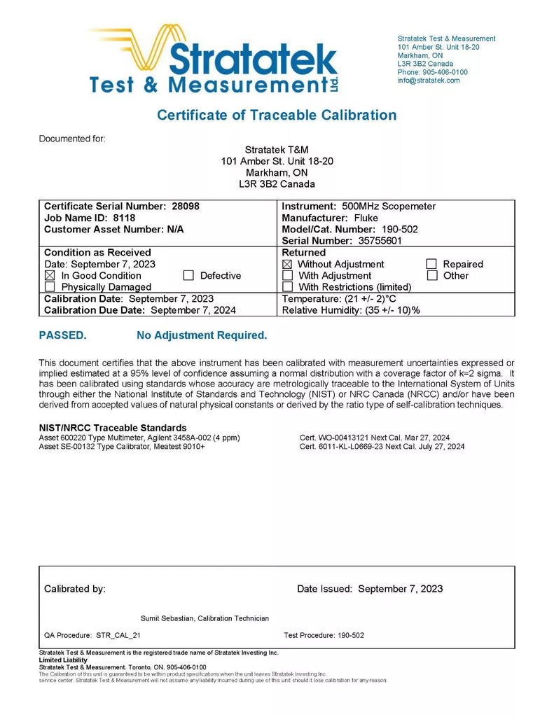 Fluke 190-502 500MHz 2-Channel Scopemeter with 5GS/s Sampling Rate - NIST Calibrated