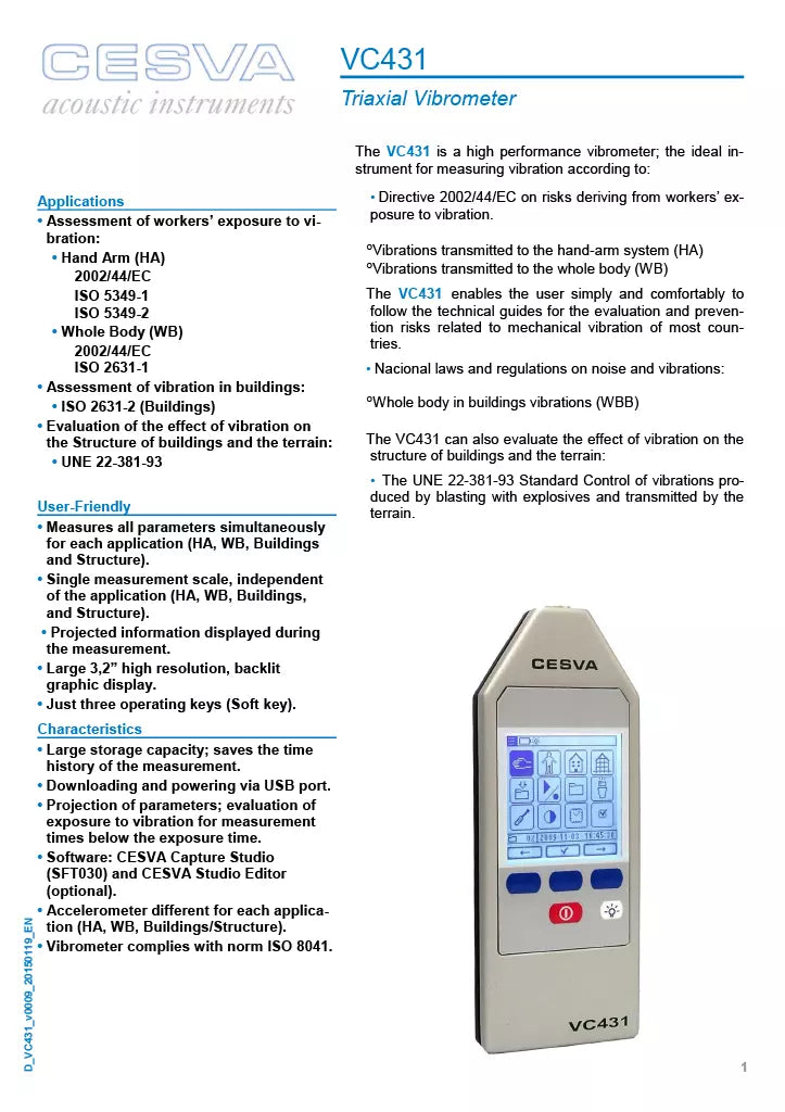 CESVA VC431 Triaxial Vibrometer - ISO 804 Certified Vibration Meter