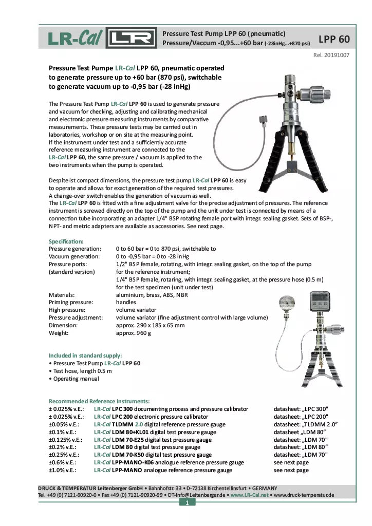 LR-Cal LPP 60 Pneumatic Pressure Calibration Hand Pump - 870 PSI / 60 Bar