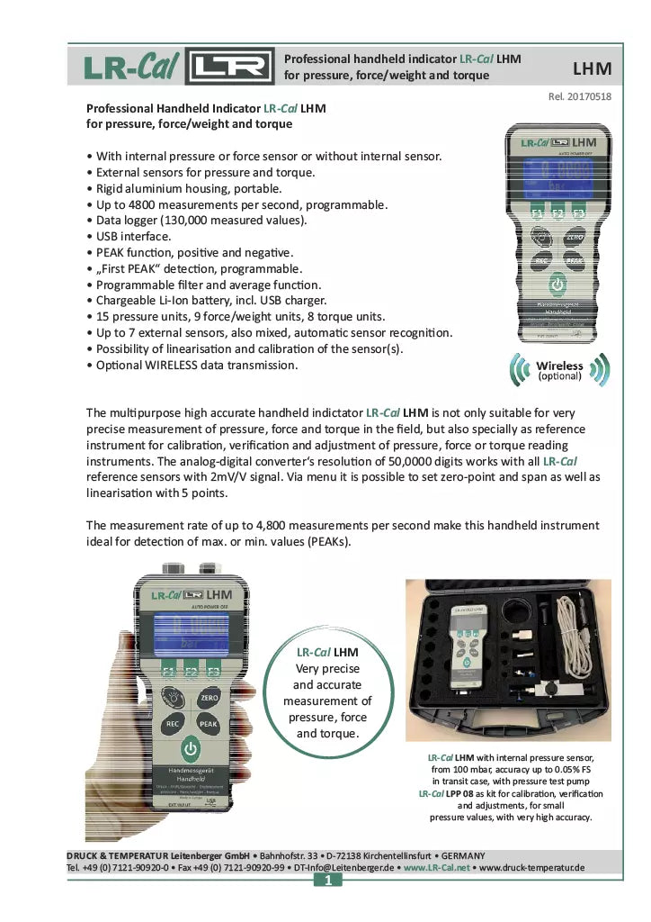 LR-Cal LHM VA Pressure & Torque Meter with Pressure/Vacuum Sensor ±0.05%