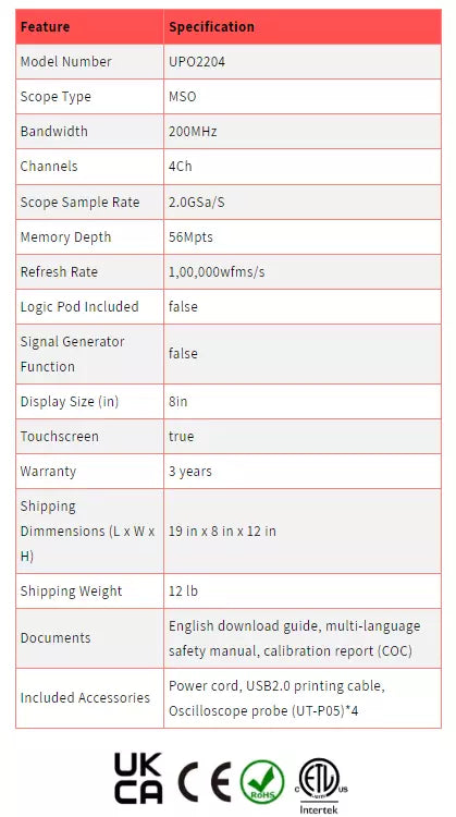 UNI-T UPO2204 200MHz 4-Channel Mixed Signal Oscilloscope (MSO) - Without Logic Pod