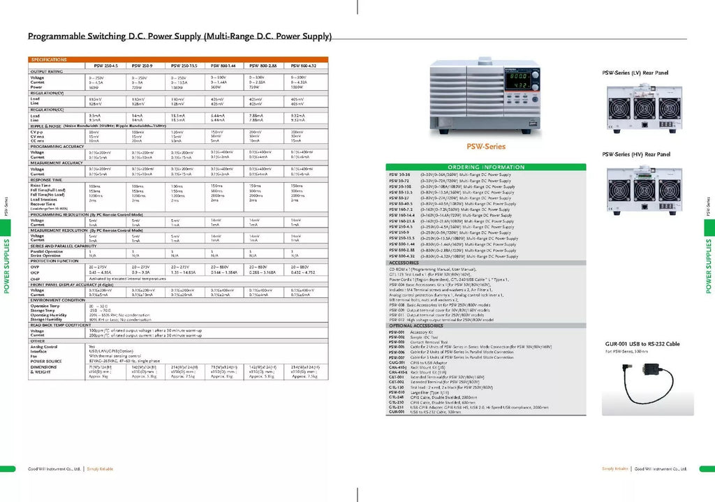 GW Instek PSW 30-108 Programmable DC AutoRange Power Supply - 1080W, 30V, 108A