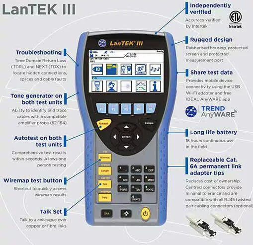Trend Networks Lantek III Series Copper & Fibre Cabling Certifier - Cat 6A/500MHz