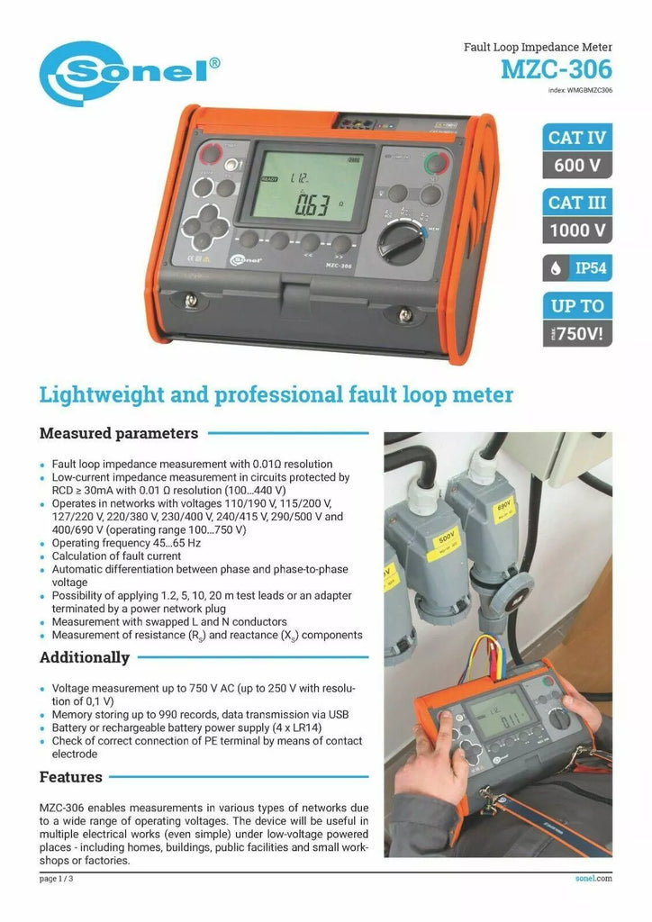 Sonel MZC-306 Short Circuit Loop Meter - 0.01 Ω Resolution, 750V Max
