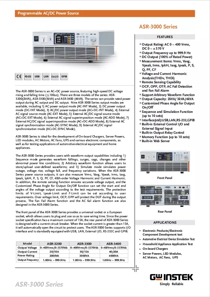 GW Instek ASR-3400HF 4kVA Programmable AC/DC Power Source 5000Hz