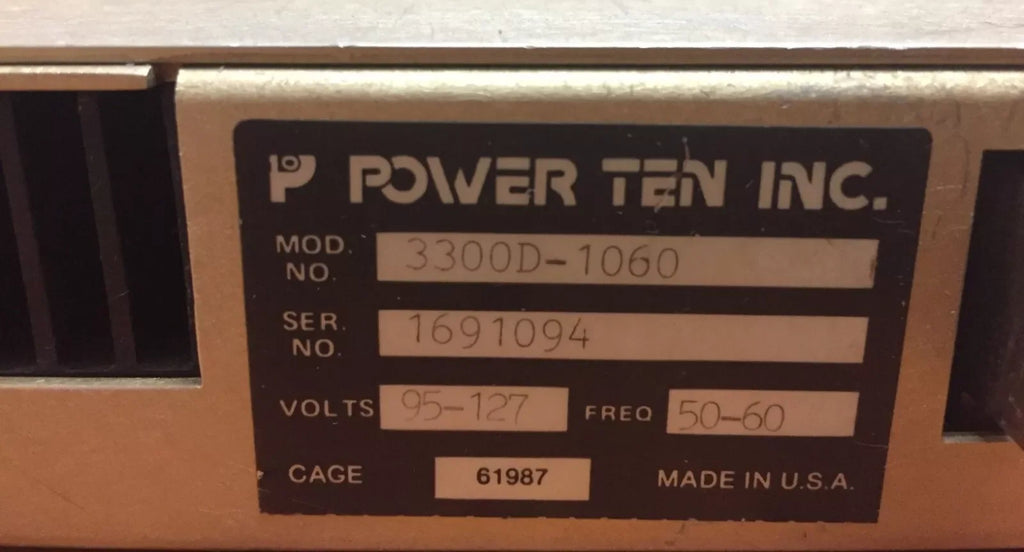 Power Ten Model 3300D-1060 DC Power Supply, 95-127V, 50-60Hz Input - ZYYKZ Test Equipment