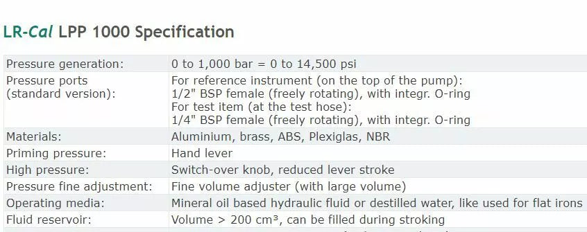 LR-Cal LPP 1000 Hydraulic Pressure Calibration Hand Pump - 14500 PSI / 1000 Bar