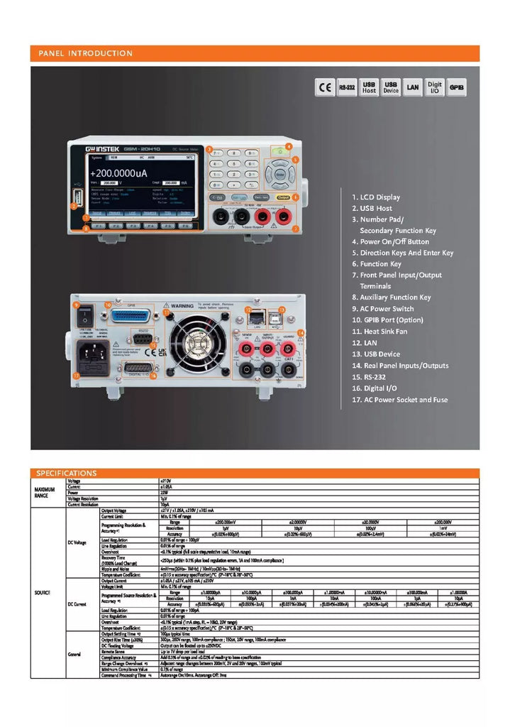 GW Instek GSM-20H10 Precision Source Meter - 210V/1.05A/22W SMU