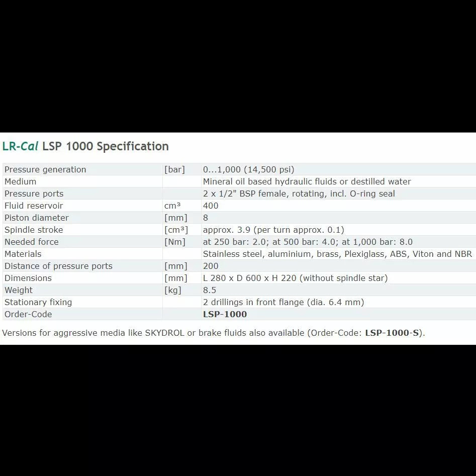 LR-Cal LSP 1000-H Benchtype Hydraulic Pressure Comparison Pump - 14500 PSI
