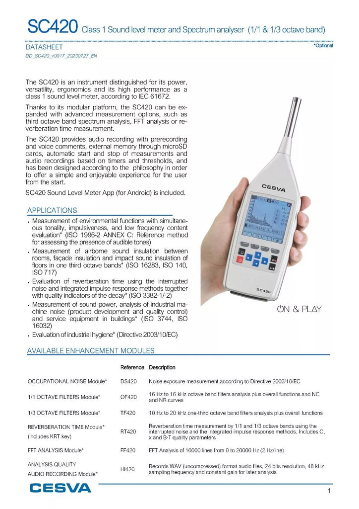 CESVA SC420 Class 1 Sound Level Meter - 23 to 140 dB