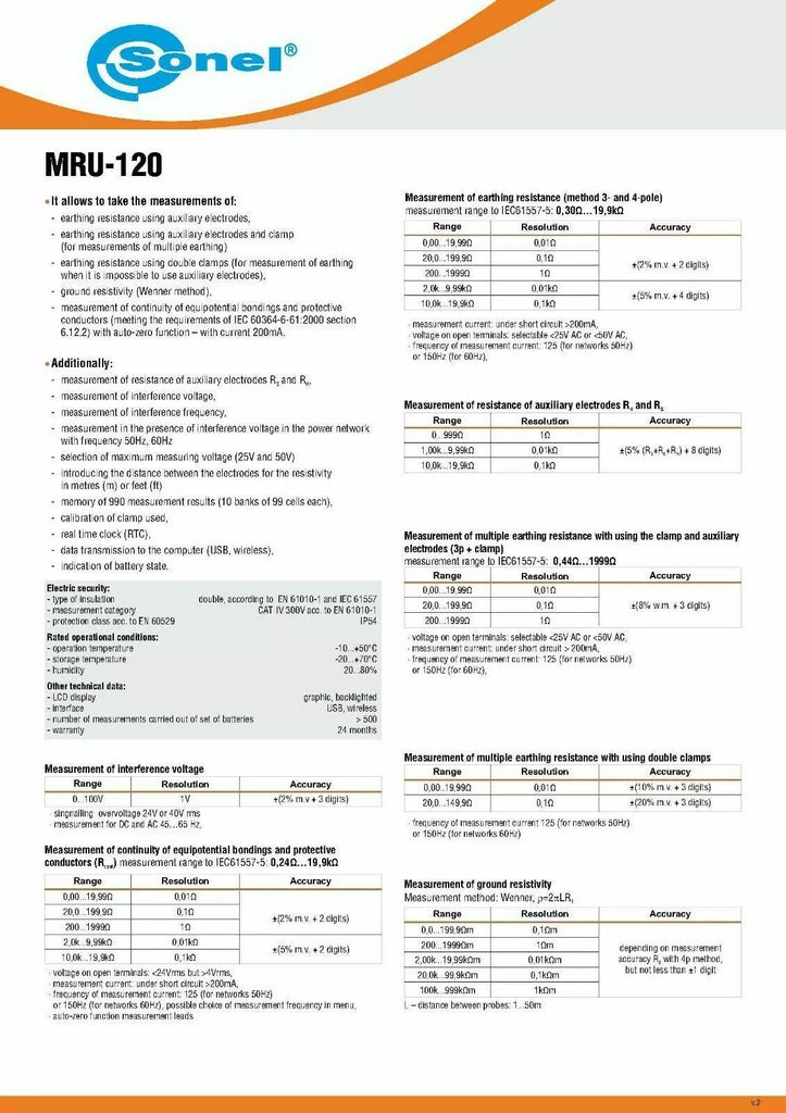 Sonel MRU-120 Earth Ground Resistance Meter - 50V, 60 Hz, CAT III 600V Tester