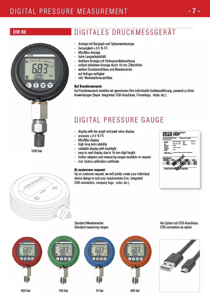 LR-Smart Tech DM 80 Digital Pressure Gauge - 0.5% Accuracy, 0 to 14500 PSI