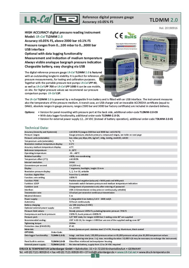 LR-Cal TLDMM 2.0 Precision Digital Reference Pressure Gauge ±0.05% Accuracy