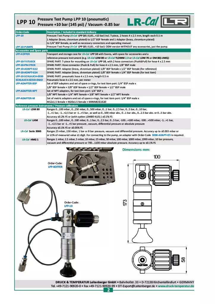 LR-Cal LPP 10 Pneumatic Pressure Test Pump - 145 PSI, 10 Bar