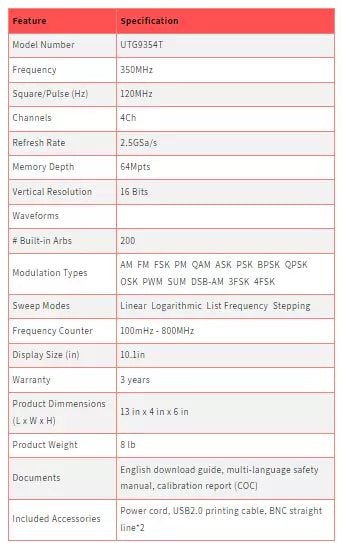 UNI-T UTG9354T 350MHz 4-Channel Elite-Series Arbitrary Waveform Generator