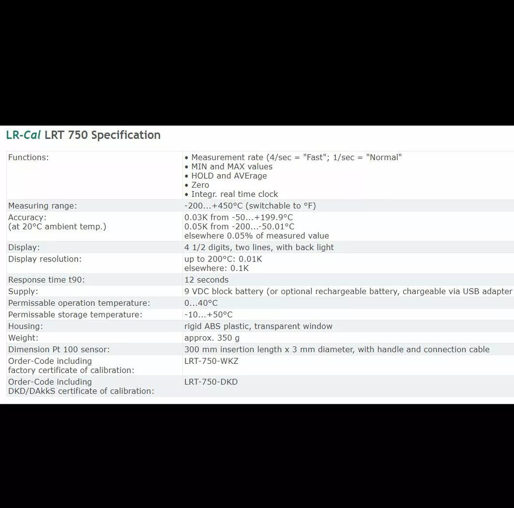 LR-Cal LRT 750 Precision Reference Thermometer with Probe -200 to +450°C Range