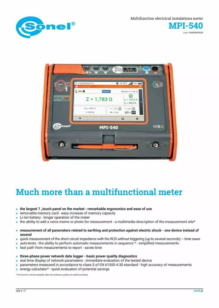 Sonel MPI-540 Multifunction Electrical Installation Meter with RCD and RMS Auto Mode