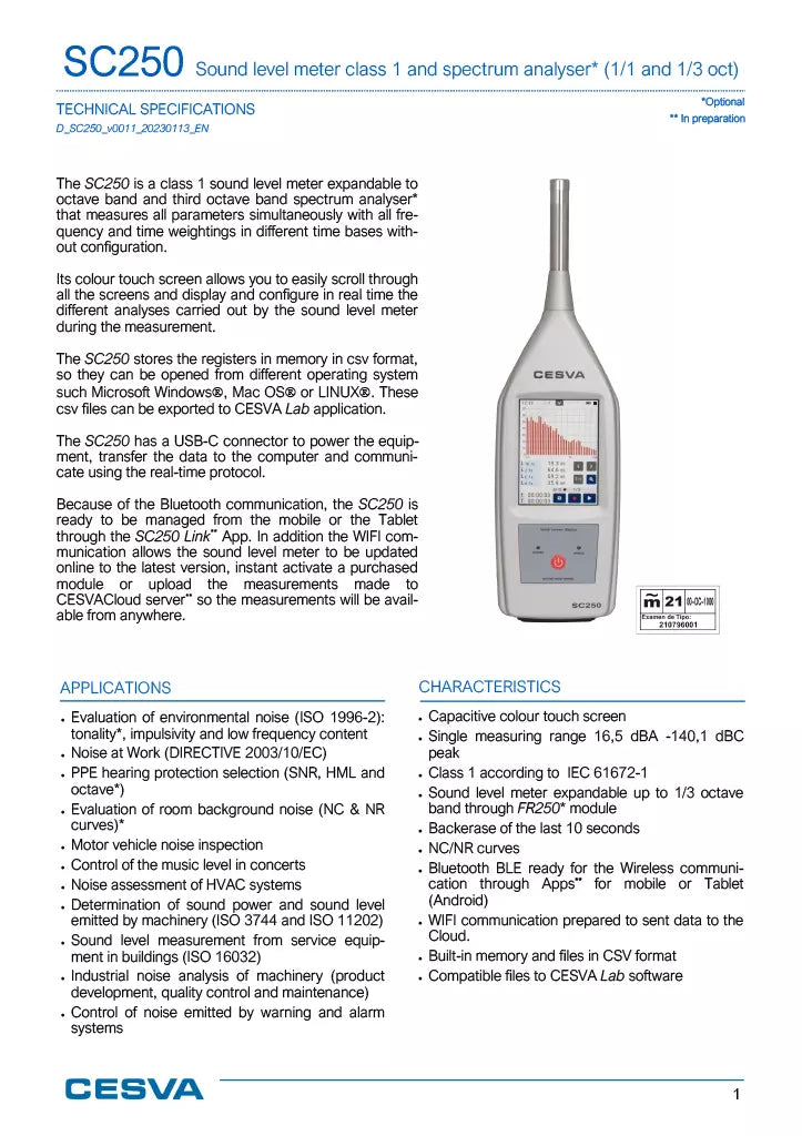 CESVA SC250 Class 1 Sound Level Meter - 23.5 dB to 140 dB Measurement Range