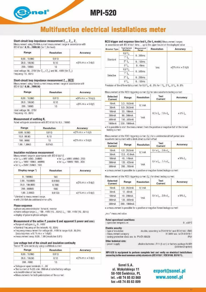 Sonel MPI-520 Multifunction Electrical Installation Meter - CAT IV 300V, RCD 1000V