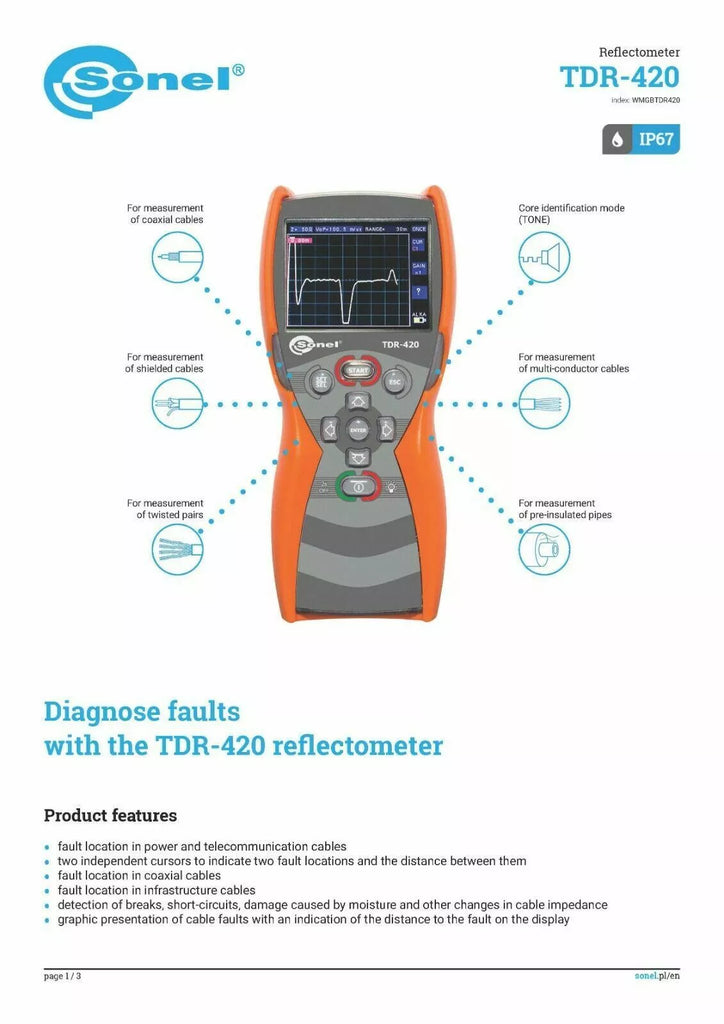 Sonel TDR-420 Time Domain Reflectometer - 6000m Range, 1% Accuracy