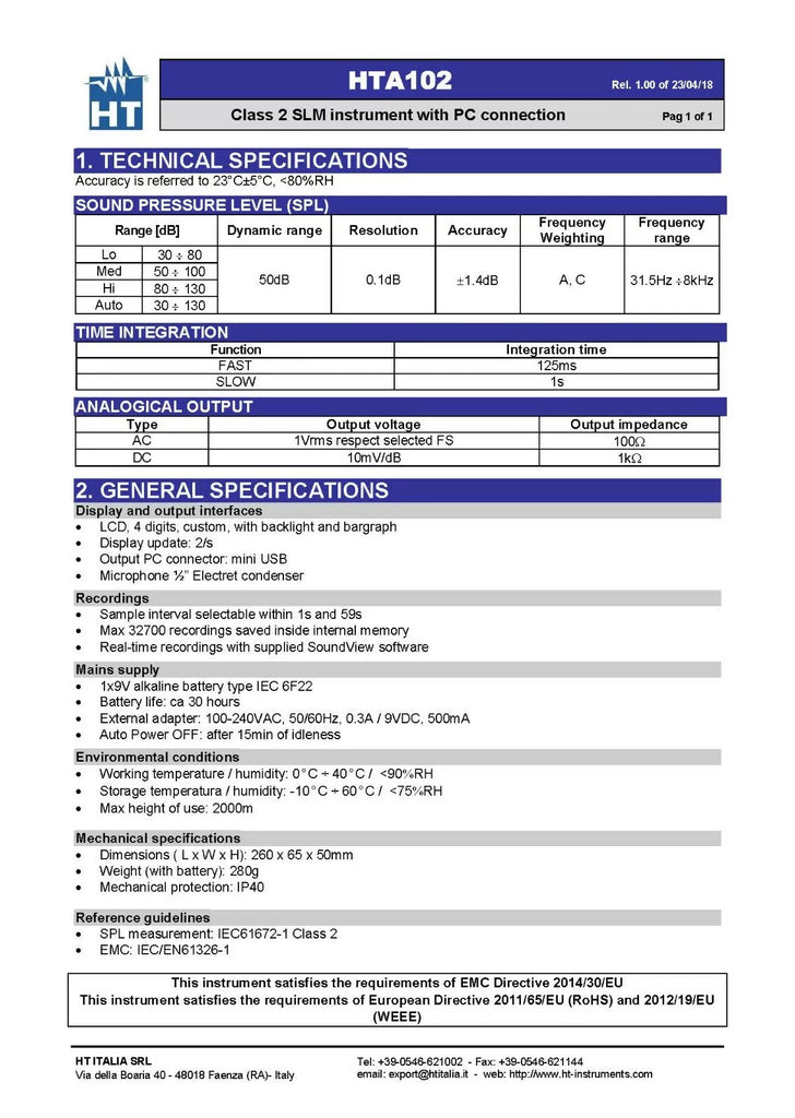 HT Instrument HTA102 Class 2 Sound Level Meter with Calibrator & PC Connection