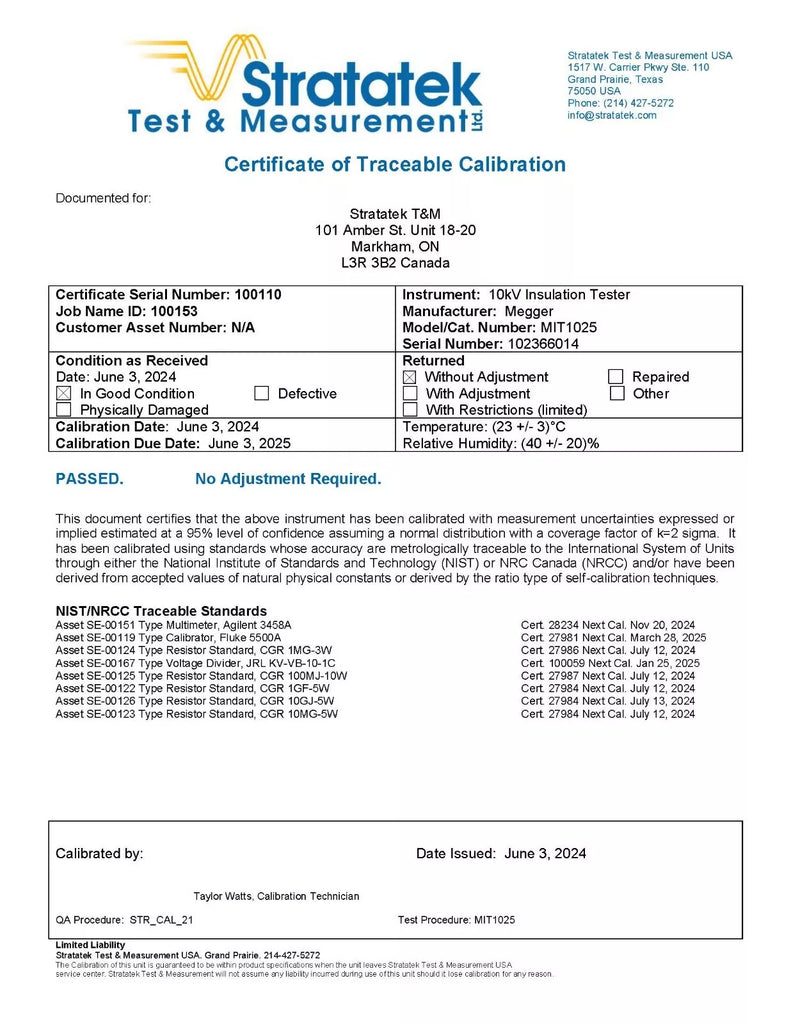 Megger MIT1025 10kV Insulation Resistance Tester - NIST Calibrated with Data