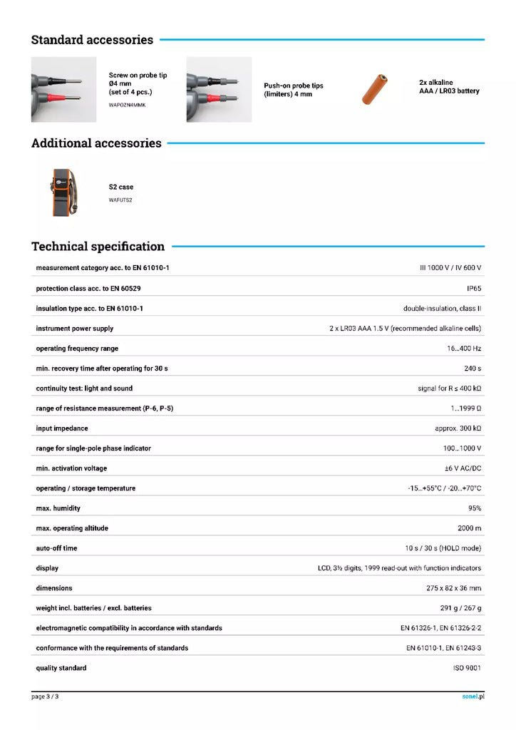 Sonel P-6 Voltage Tester - CAT III 1000V, 1999Ω, Phase Identification
