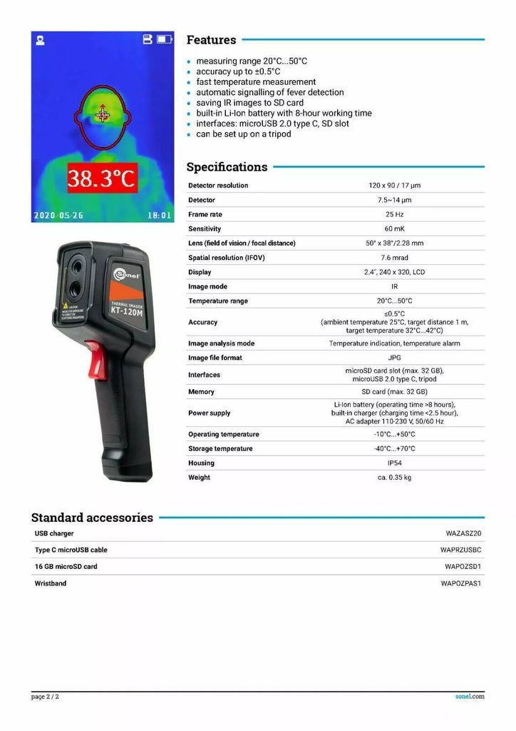 Sonel KT-120M Thermal Imaging Camera with Alarm - 0.5°C Accuracy, 120x90 Resolution