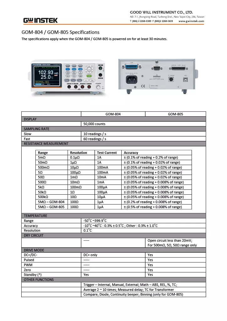GW Instek GOM-805 DC Milli-Ohm Meter - 50,000 Counts Dry Circuit