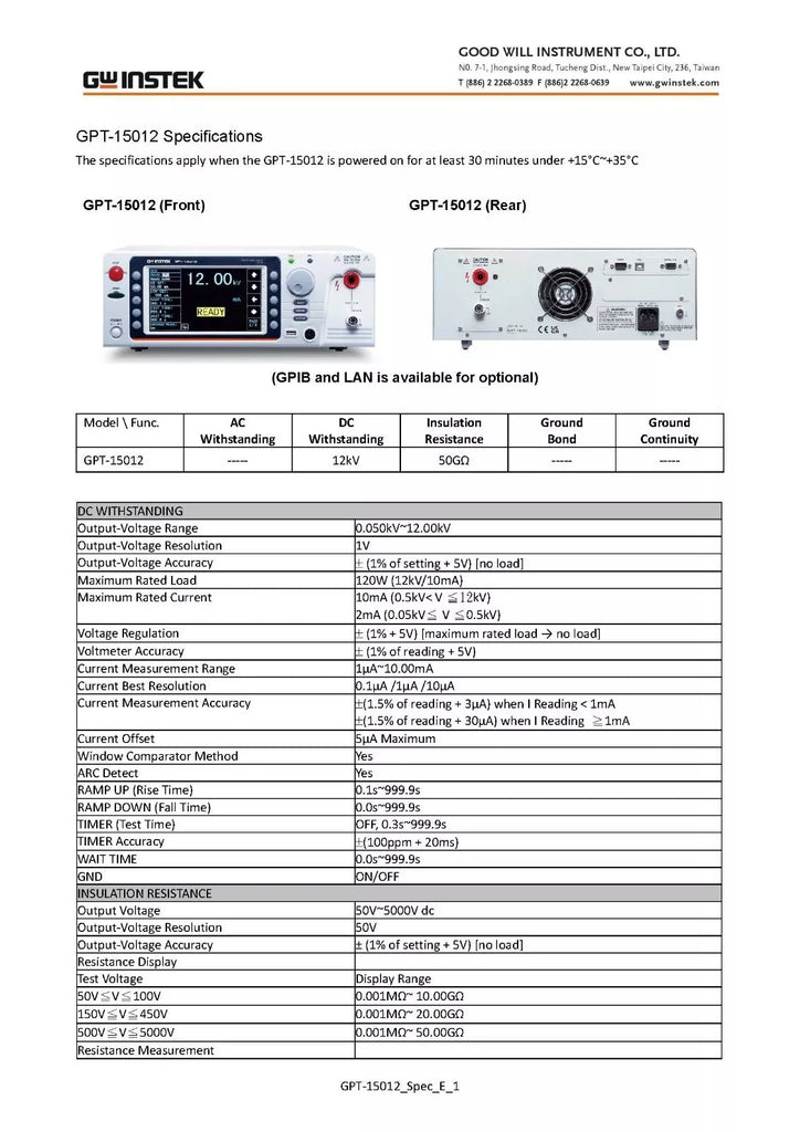 GW Instek GPT-15012 Safety Analyzer - Hi-Pot Tester DC 12kV / IR 5kV