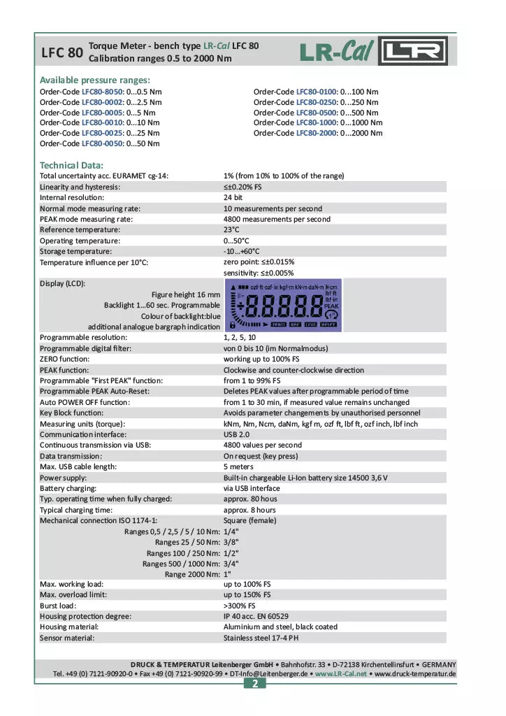LR-Cal LFC 80 Digital Torque Calibrator Meter with Data Logging