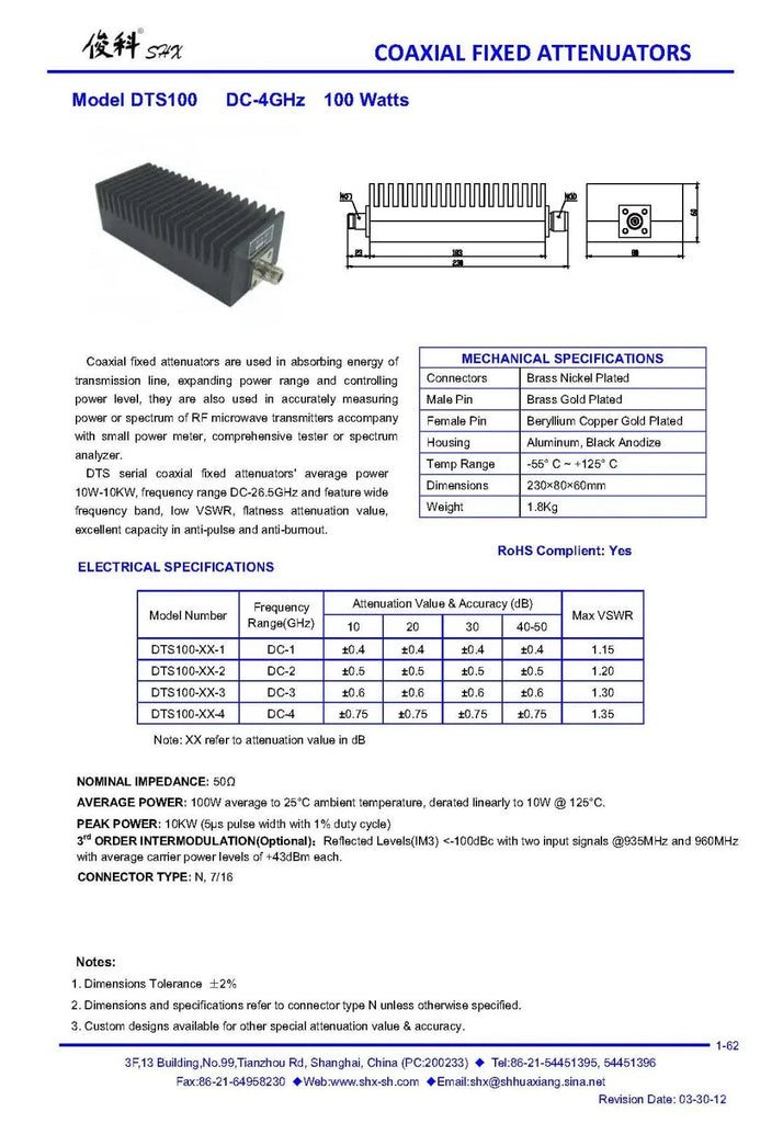 4 GHz 100W RF Attenuator with C-Band Frequency Response - ZYYKZ Test Equipment