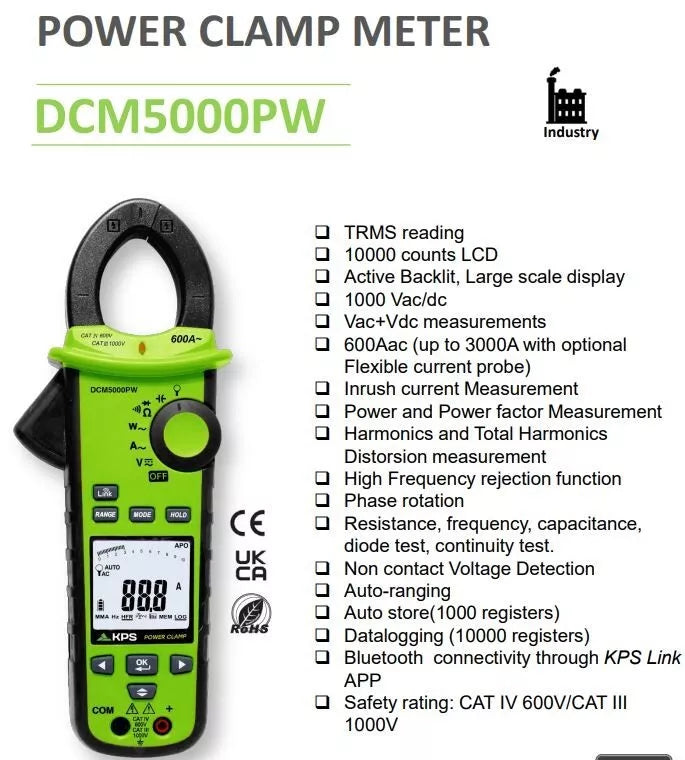 KPS DCM5000PW TRMS AC Power Quality Clamp Meter with Inrush, Harmonics, and Power Factor Measurement