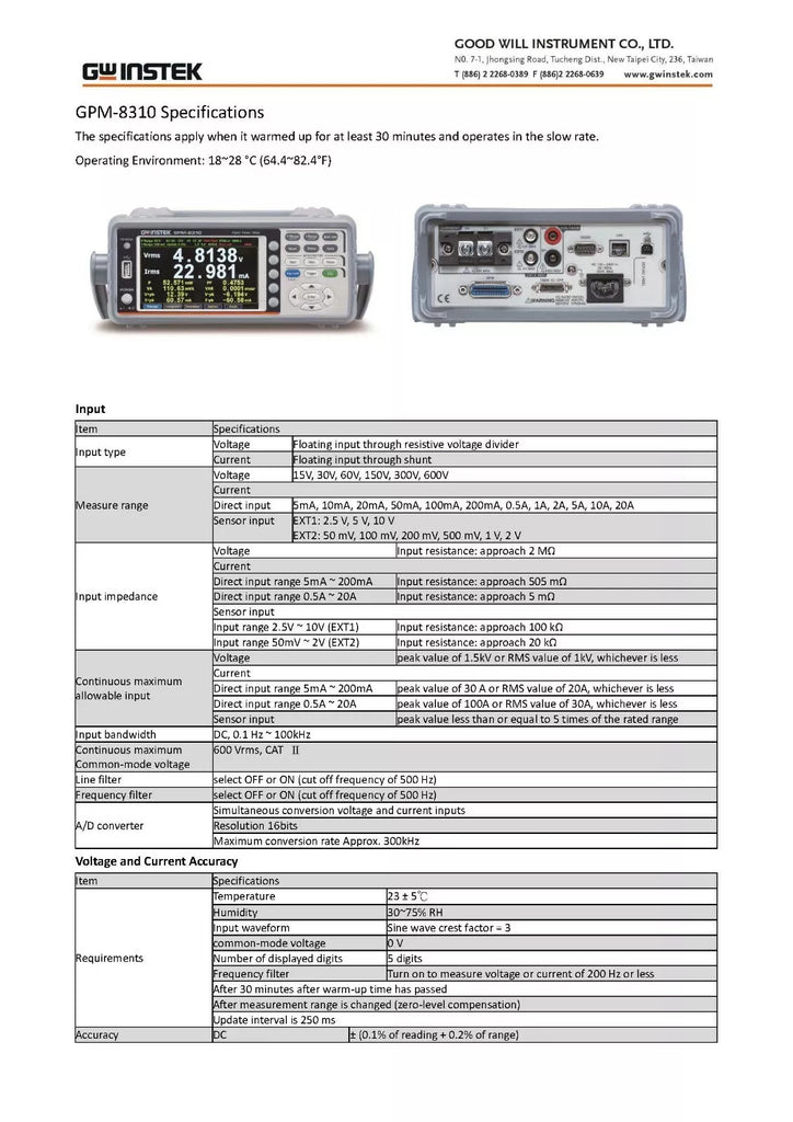GW Instek GPM-8310 Digital Power Meter - 600V, 20A, DC, 0.1 Hz to 100kHz