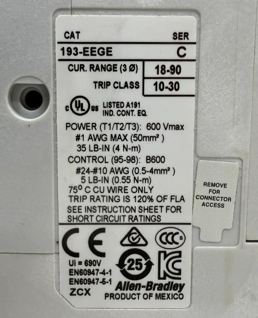 Allen-Bradley 193-EEGE E1 Plus Overload Relay 18-90A 3P 600V Trip Class 10-30 - ZYYKZ Test Equipment