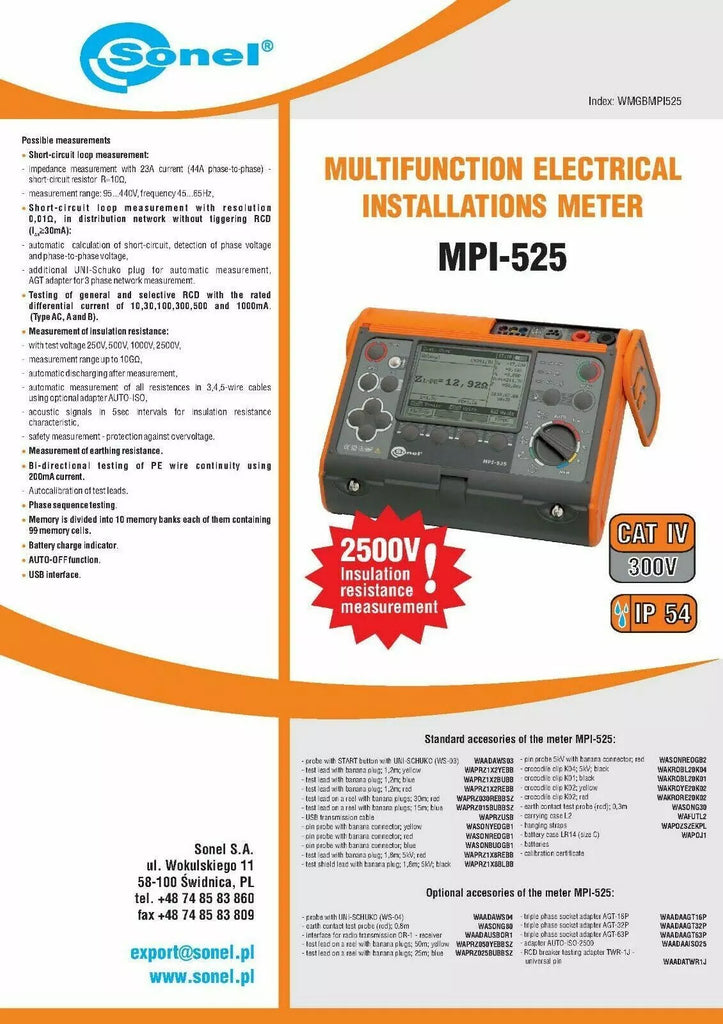 Sonel MPI-525 Multifunction Electrical Installation Meter - ISO 2500V CAT IV 300V