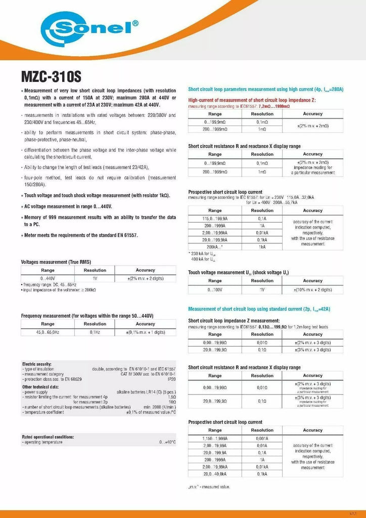 Sonel MZC-310S Short Circuit Loop Meter - 0.1 mΩ Resolution, 440V CAT III 600V