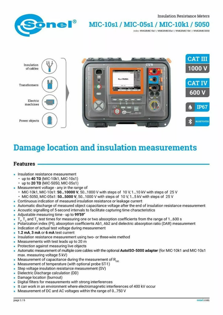 Sonel MIC-10k1 10kV Insulation Tester - 40 TΩ MegOhmMeter for Insulation Resistance Testing